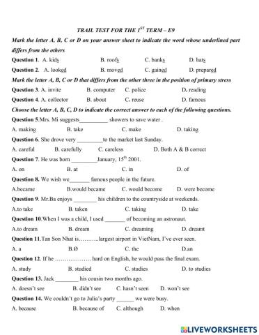 Trail test  for the 1st term test - E9