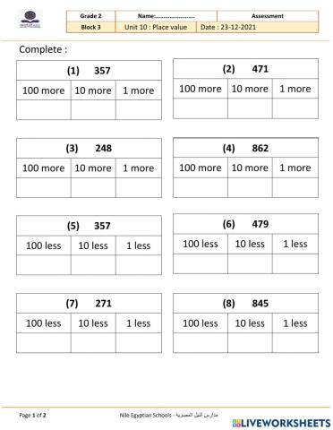 1,10,100 more-less a 3-digit number , addition , subtraction