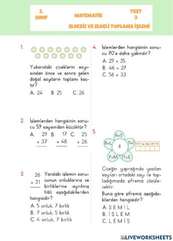 02-Matematik-Eldesiz ve Eldeli Toplama İşlemi-TEST