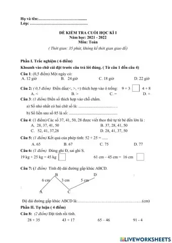 Đề kiểm tra cuối kì I