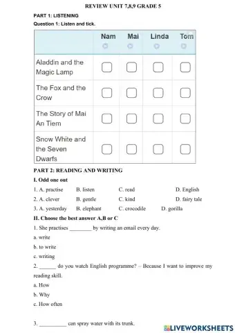Review unit 7,8,9 grade 5