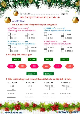 Bài ôn tập Toán - Luyện từ và câu 4 (tuần 14)