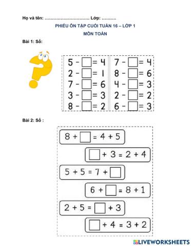Phiếu ôn tập Toán tuần 16