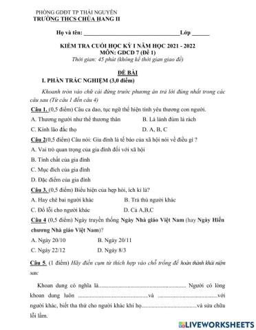 KIểm tra cuối kì 1 GDCD