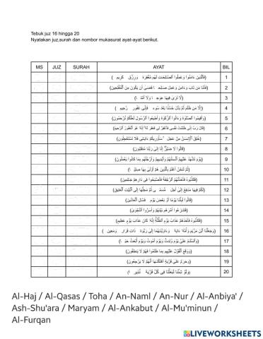 Tebuk hafazan juz 16 hingga 20