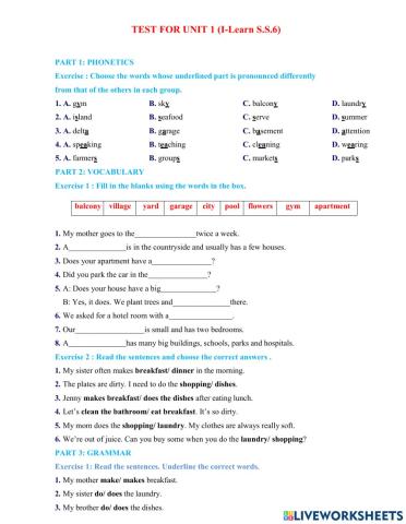 Test for U1- Grade 6 I-LSS