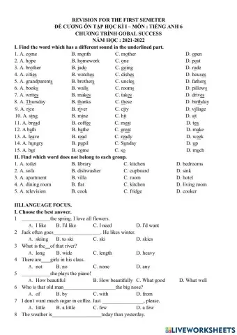 Đề thi học kỳ tiếng anh 6 học kỳ 1