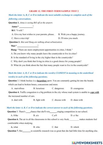 Grade 12. the first term sample test