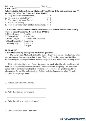 Class 6 - the final term test 1