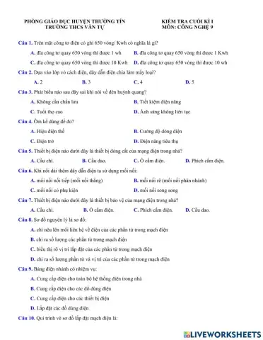 Kiểm tra học kì I - Công nghệ 9