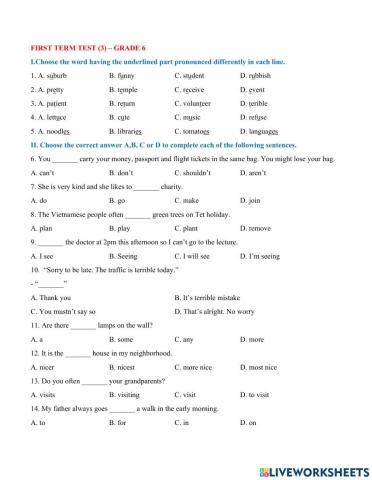 English exam for Grade 6