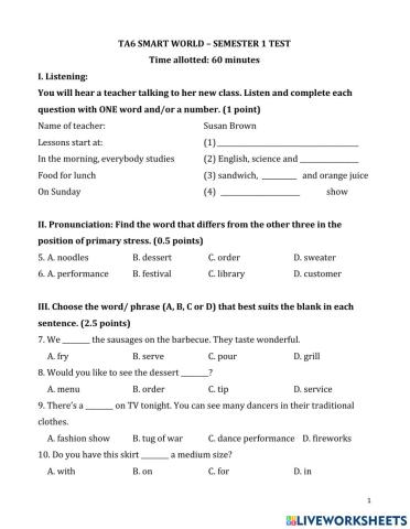 Lớp 6 đề thi cuối kỳ số 1