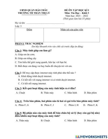 Đề ôn tập Tin học khối 3 - Học kì I