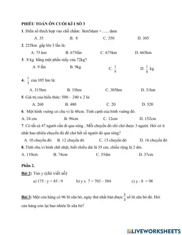 Phiếu Toán ôn cuối kì I số 3