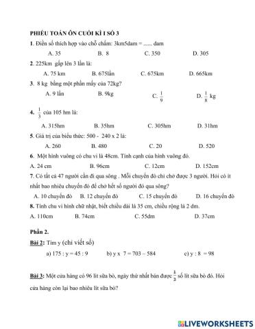 Phiếu Toán ôn cuối kì I số 3
