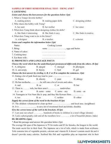 Sample of First Term Final Test Grade 7