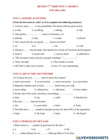 Review 1st Term test 2- Grade 8