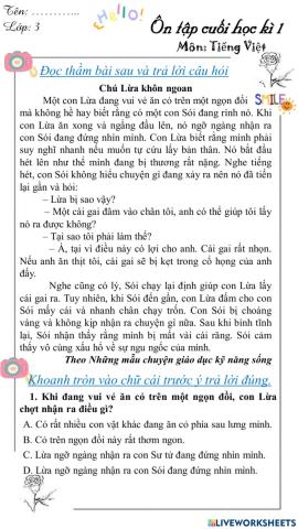 Ôn tập cuối kì 1 môn Tiếng Việt 3