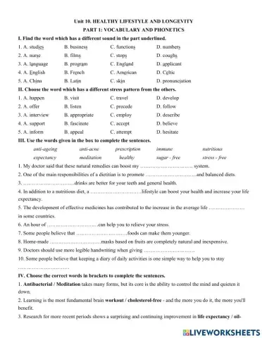 Unit 10. HEALTHY LIFESTYLE AND LONGEVITY  PART 1: VOCABULARY AND PHONETICS