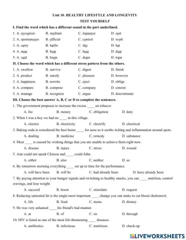 Unit 10. HEALTHY LIFESTYLE AND LONGEVITY  TEST YOURSELF