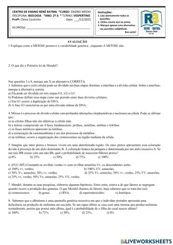 Prova 2 ano A BIOLOGIA