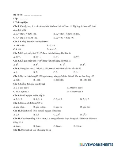 Ôn tập hk1 lớp 6