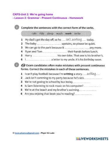 CKFS-Unit 2: We’re going home  - Lesson 2: Grammar - Present Continuous - Homework