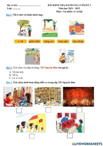 Bài thi cuối kỳ I môn Tự nhiên và Xã hội