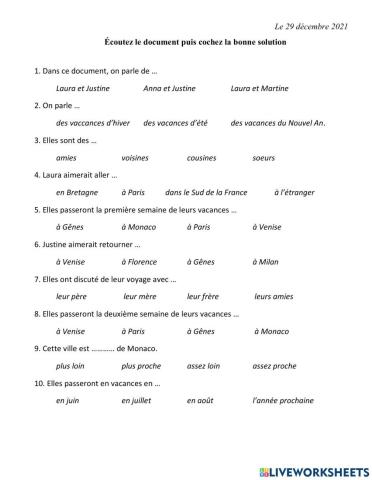 Comprehension orale-projet de vacances