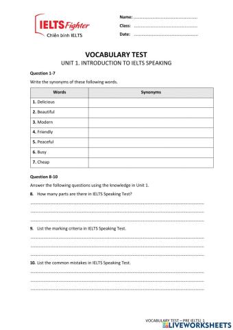 Vocabulary test  unit 1. introduction to ielts speaking