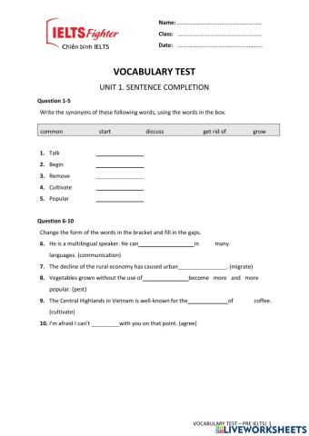 Vocab test 4. unit 1. reading. sentence completion