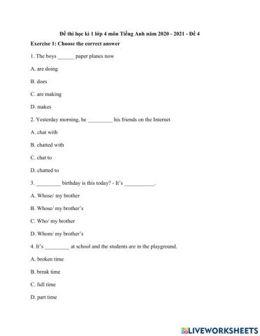 Đề 2- Thi học kì tiếng anh