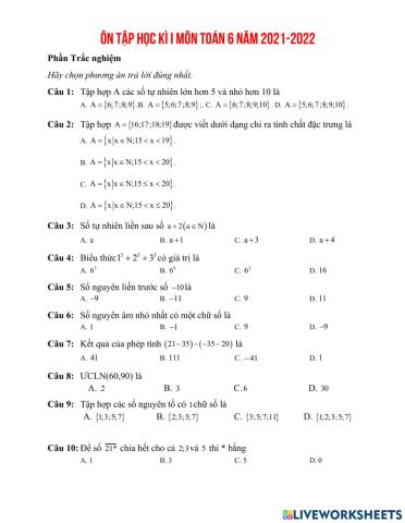 Ôn tập toán 6 hki năm 21-22