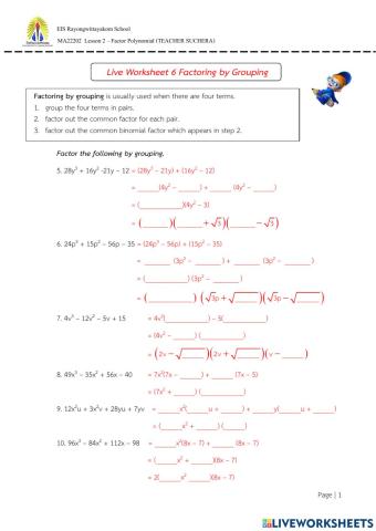 Live Worksheet 6 Factoring by Grouping