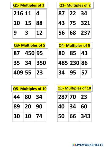 Multiples of 2 5 and 10
