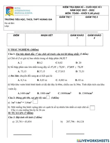 ĐỀ KIỂM TRA TOÁN CUỐI HKI LỚP 5