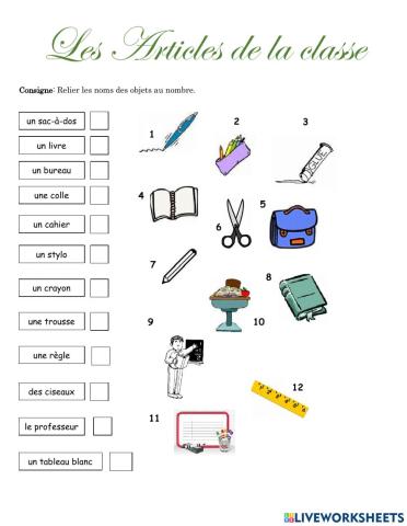 Vocabulaire des articles de la classe.