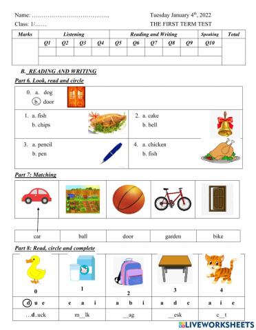 Test reading and writing Grade 1