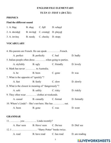 English File Elementary File 12 Test 1