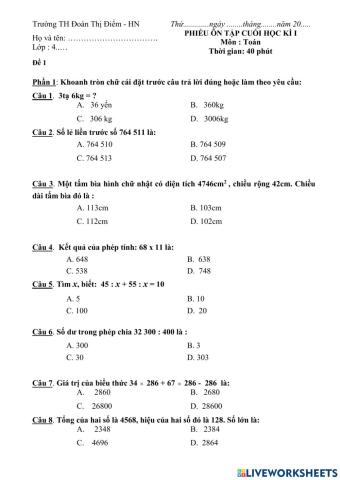 Môn Toán ôn tập