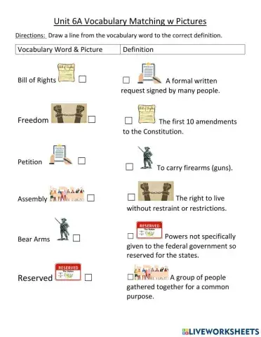 Unit 6A Bill of Rights Vocabulary Matching with Pictures