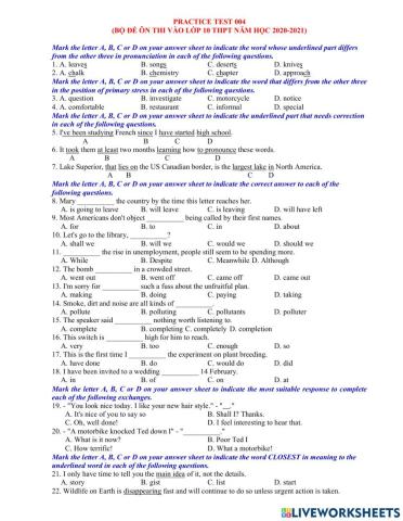 Ôn thi vào 10 - đề 4 - 40 tn 20-21