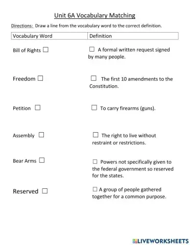 Unit 6A Bill of Rights Vocabulary Matching