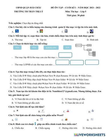 Đề ôn tập kì i - tin học khối 5
