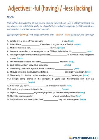Unit 4: ADJ with -FUL or -LESS