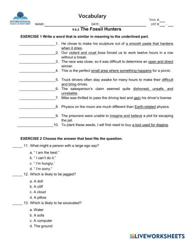 9-6-2  RC Fossils Vocabulary Exercises