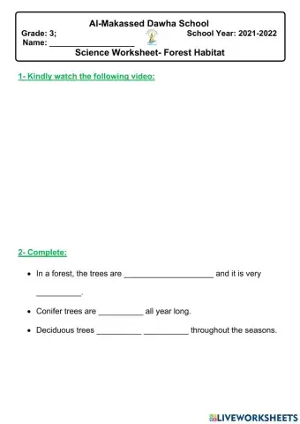 Science Worksheet- Forest Habitat
