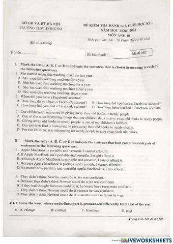 Y10 Final term 1 - ĐĐ