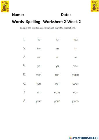 Words-Spelling Worksheet 2 - Week 2 Friday