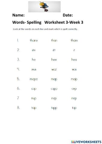 Words Spelling Worksheet 3-Week 3 Friday